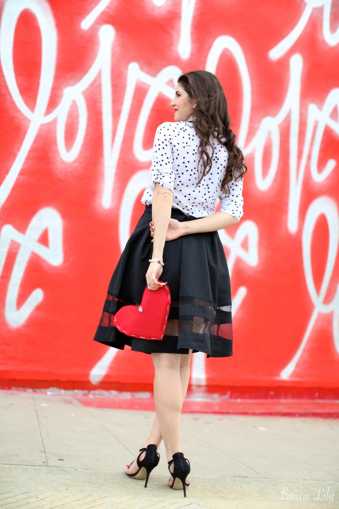 Love Wall in Los Angeles, Valentine's Day, Laura Lily, Express portofino top, printed heart top, Express sheer inset skirt, DIY heart clutch, Helen ficalora necklace, Tony Oberstar Photography, valentines day outfit ideas,