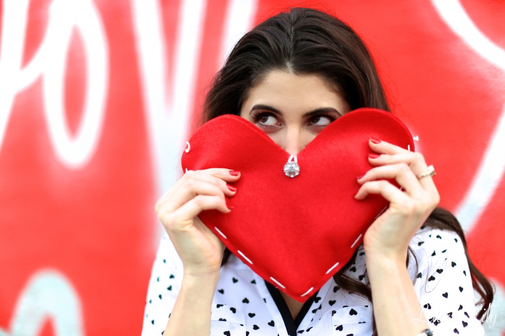 Love Wall, Valentine's Day, Laura Lily, Express portofino top, printed heart top, Express sheer inset skirt, DIY heart clutch, Helen ficalora necklace, Tony Oberstar Photography, valentines day outfit ideas,