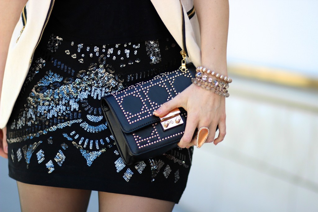 Sequins on Rodeo Drive, Express sequin skirt, Stuart Weitzman Highland boots,  Lookbook Store studded clutch, LA Fashion Blogger Laura Lily, Express sequin mini skirt, 