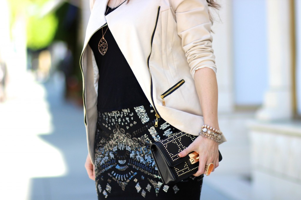 Sequins on Rodeo Drive, Express sequin skirt, Stuart Weitzman Highland boots,  Lookbook Store studded clutch, LA Fashion Blogger Laura Lily, Express sequin mini skirt, 