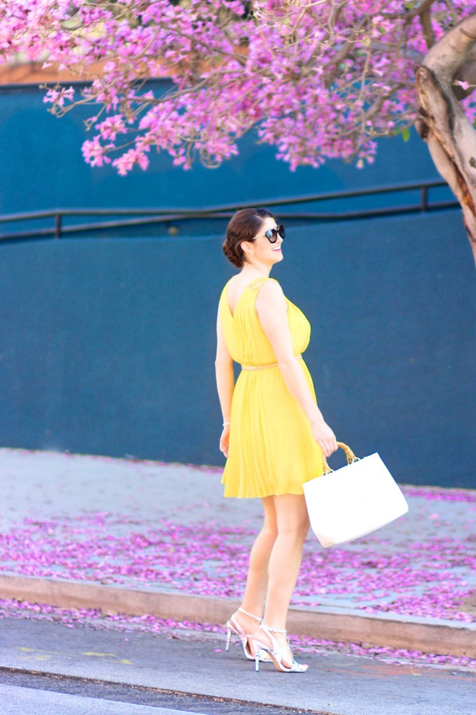 Yellow Dress, Jessica Simpson pleated dress, Laura Lily, spring outfits, Shoedazzle, Olivia and joy embossed handbag,