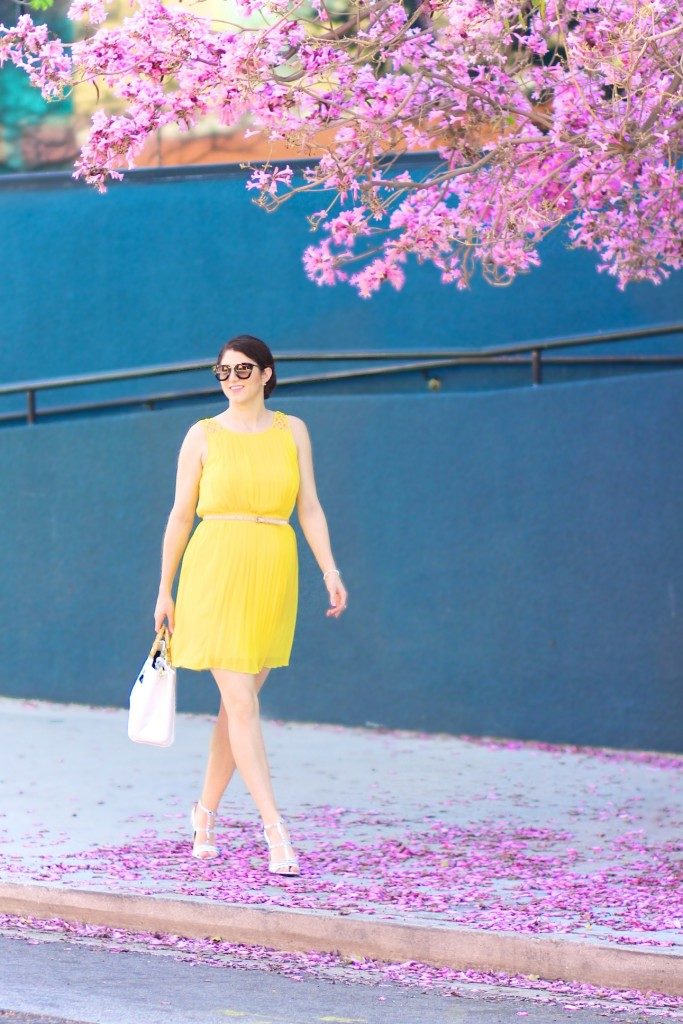 Yellow Dress, Jessica Simpson pleated dress, Laura Lily, spring outfits, Shoedazzle, Olivia and joy embossed handbag,