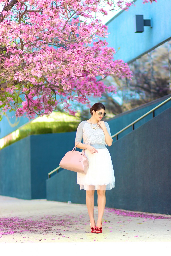 Flower Lined Streets, Laura Lily, Valentino D'orsay red bow pumps, pearl cluster necklace, streetstyle, cropped lace sweater, 