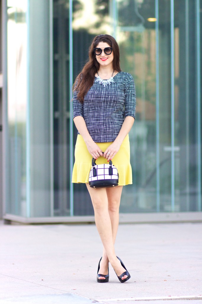 Rachel by Rachel Roy A-LIne skirt, yellow skirt, office style, wear to work outfits Laura Lily, Los Angeles Fashion Blogger, Window pane purse, Target Style Mini bag,