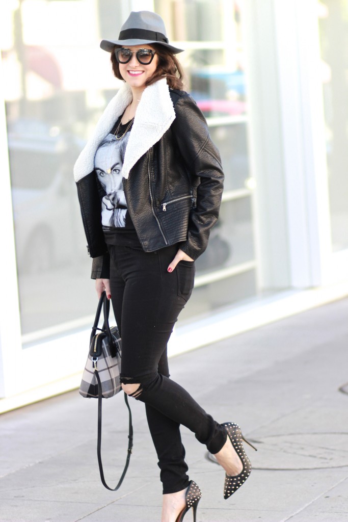 Shearling and Shopping, Jessica Simpson Shearling jacket, Laura Lily, Los Angeles Street Style, ShoeDazzle Darcel studded pumps, Kate Spade plaid bag, 