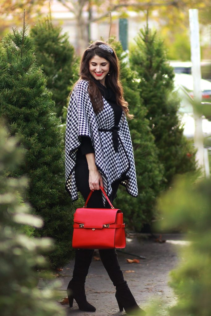 12 Days of Holiday Style, Houndstooth Cape, Stuart Weitzman highland boots, Henri Bendel Uptown Satchel Red, Laura Lily Los Angeles Fashion Blogger, 