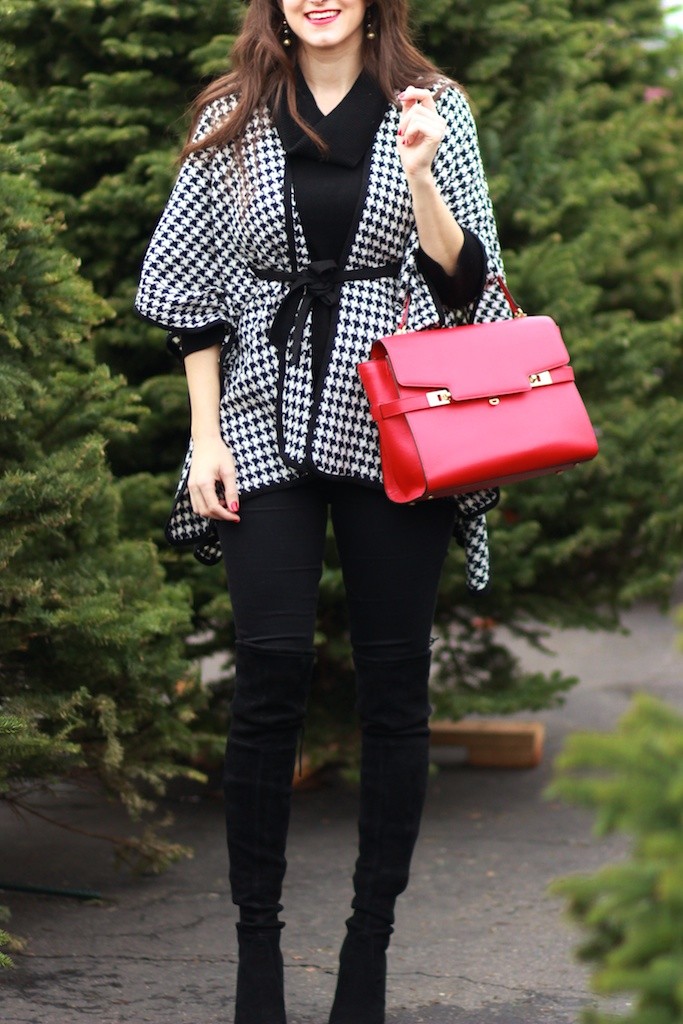 12 Days of Holiday Style, Houndstooth Cape, Stuart Weitzman highland boots, Henri Bendel Uptown Satchel Red, Laura Lily Los Angeles Fashion Blogger, 