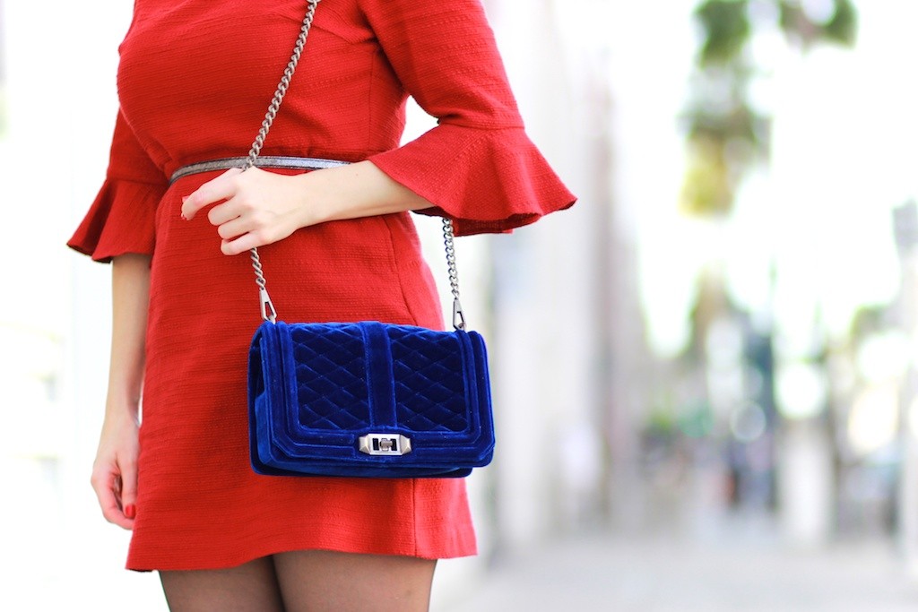 topshop textured bell sleeve dress, Rebecca Minkoff velvet love cross body bag, Laura Lily Los Angeles Fashion Blogger, 12 Days of Holiday Style, office style, holiday looks for the office, 
