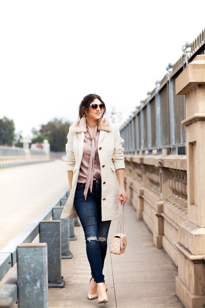 cute winter looks featured by top Los Angeles fashion blogger, Laura Lily: image of a woman wearing a Target jacket, Express Jeans and Top and Ivanka Trump heels