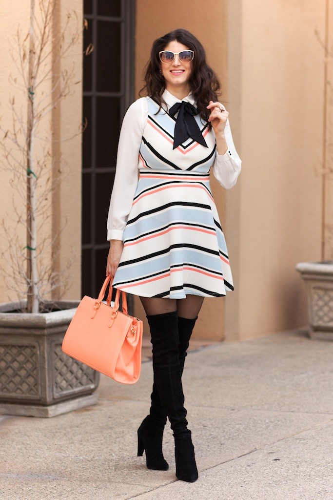 Xhilaration stripe fit and flare dress, stuart weitzman black suede highland boots, Laura Lily Los Angeles Fashion Blogger, HM Pussy Bow top, Azusa Takano photography, AMI Clubwear satchel