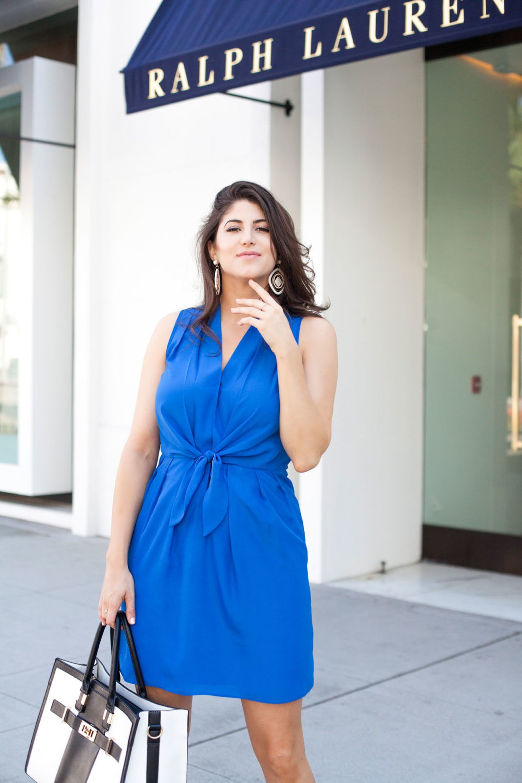 Laura Lily - A Fashion, Travel and Lifestyle Blog, Felicity & Coco Tie Front Dress, Summer Blue Dress, Just Fab Tote,