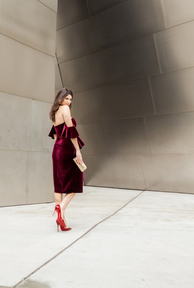 Asos Velvet Dress, Laura Lily - Fashion, Travel, Lifestyle Blog, 12 Days of Holiday Style | Cute Valentine's Day Dresses from Asos by popular Los Angeles fashion blogger, Laura Lily: image of a woman wearing a Asos velvet peplum dress. 