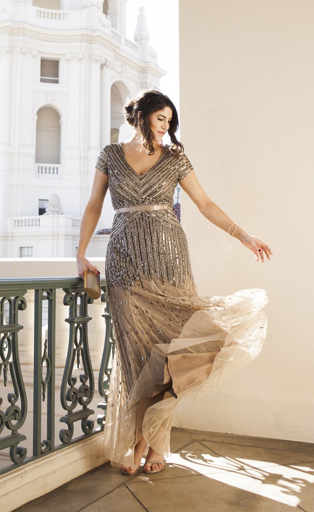 Beaded Adrianna Papell Gown, Laura Lily Fashion Blog, Azusa Takano Photography, 12 Days of Holiday Style,