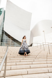 Alfred Sung Floral Dress by Los Angeles Fashion Blogger Laura Lily, 12 Days of Holiday Style Dresses, Disney Concert Hall Photoshoot,