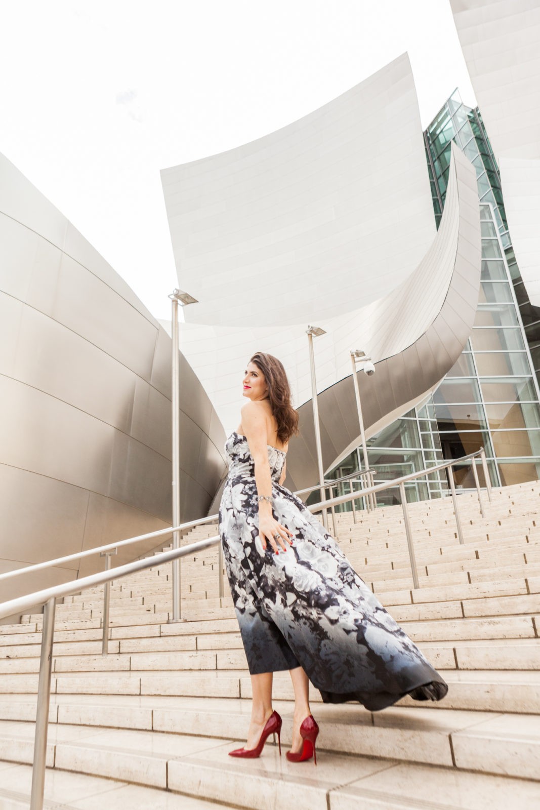 Alfred Sung Floral Dress by Los Angeles Fashion Blogger Laura Lily, 12 Days of Holiday Style Dresses, Disney Concert Hall Photoshoot,