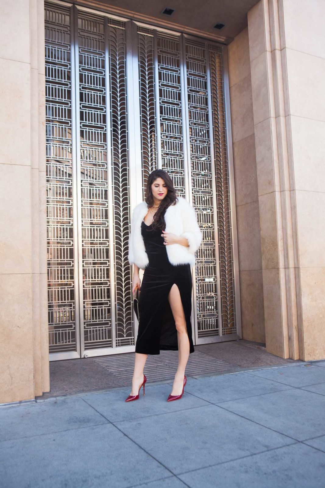 Thigh-High Dress: New Year's Eve Outfit Ideas by Fashion Blogger Laura Lily, Bardot velvet slip dress,