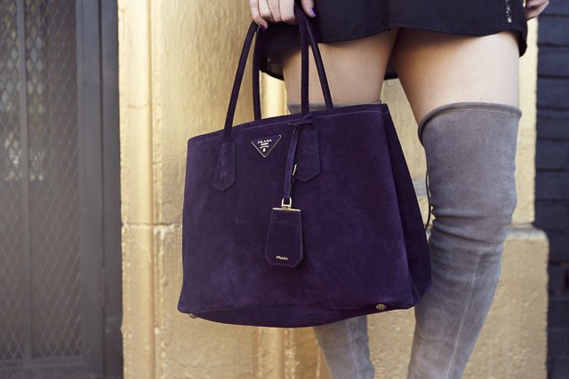 Suede Purple Prada Bag Prugna, Tradesy Double Prada Tote, Laura Lily Fashion Blog, Brittney Christie Photography,