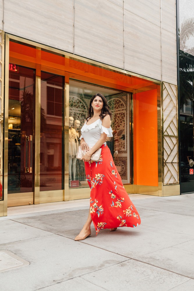Romantic Ruffles, cold shoulder ruffle tank Express, Laura Lily Fashion Travel and Lifestyle Blog, Express Floral Maxi Skirt,