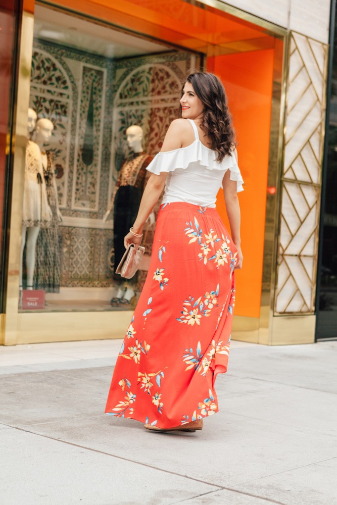 Romantic Ruffles, cold shoulder ruffle tank Express, Laura Lily Fashion Travel and Lifestyle Blog, Express Floral Maxi Skirt,