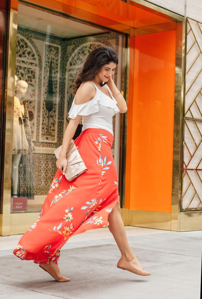 Romantic Ruffles, cold shoulder ruffle tank Express, Laura Lily Fashion Travel and Lifestyle Blog, Express Floral Maxi Skirt, - Contact popular Los Angeles blogger Laura Lily