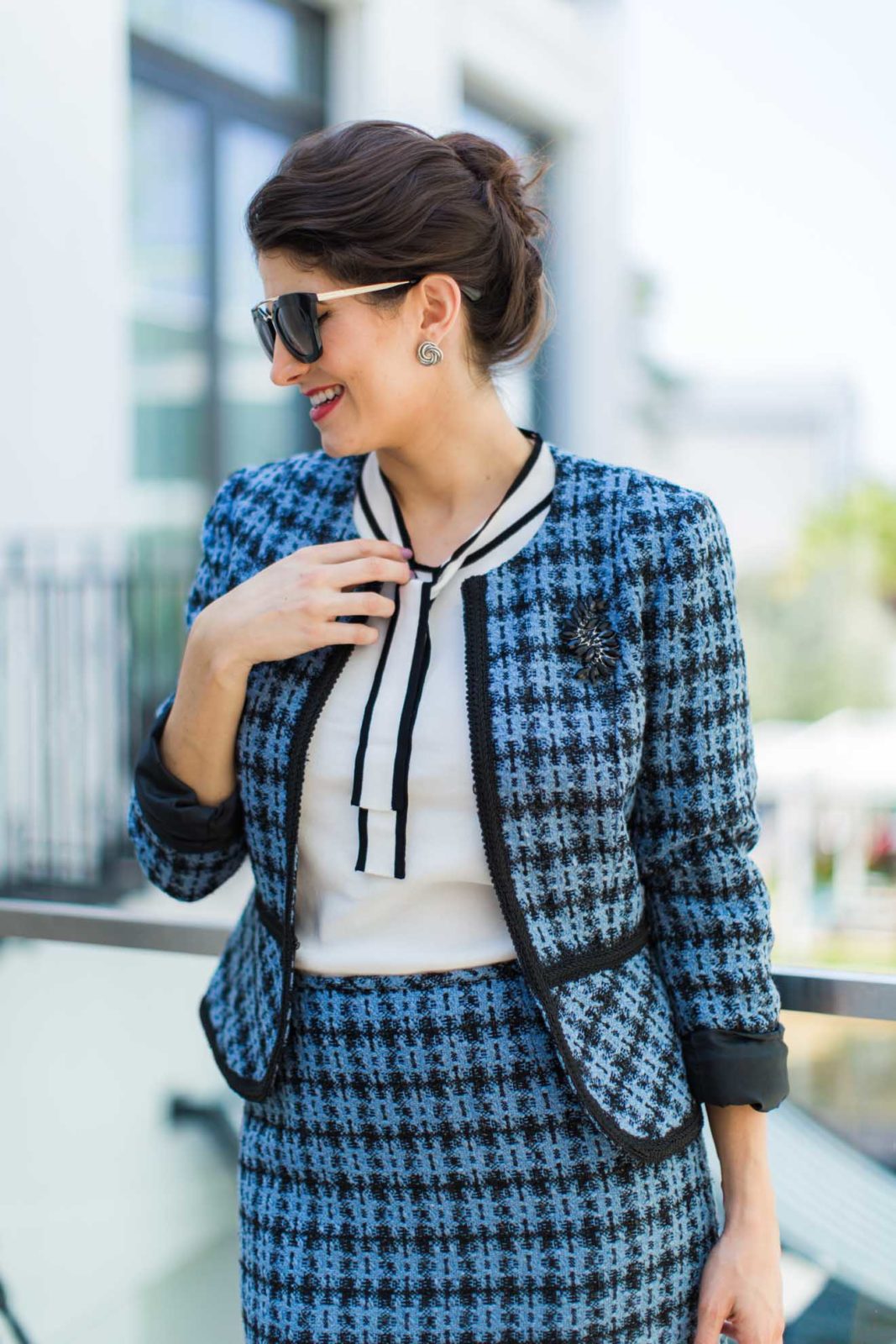 Laura Lily Fashion Travel and Lifestyle Blog, Tahari ASL Classic Blue Bouclé Suit, Coco Chanel Inspired Suit,