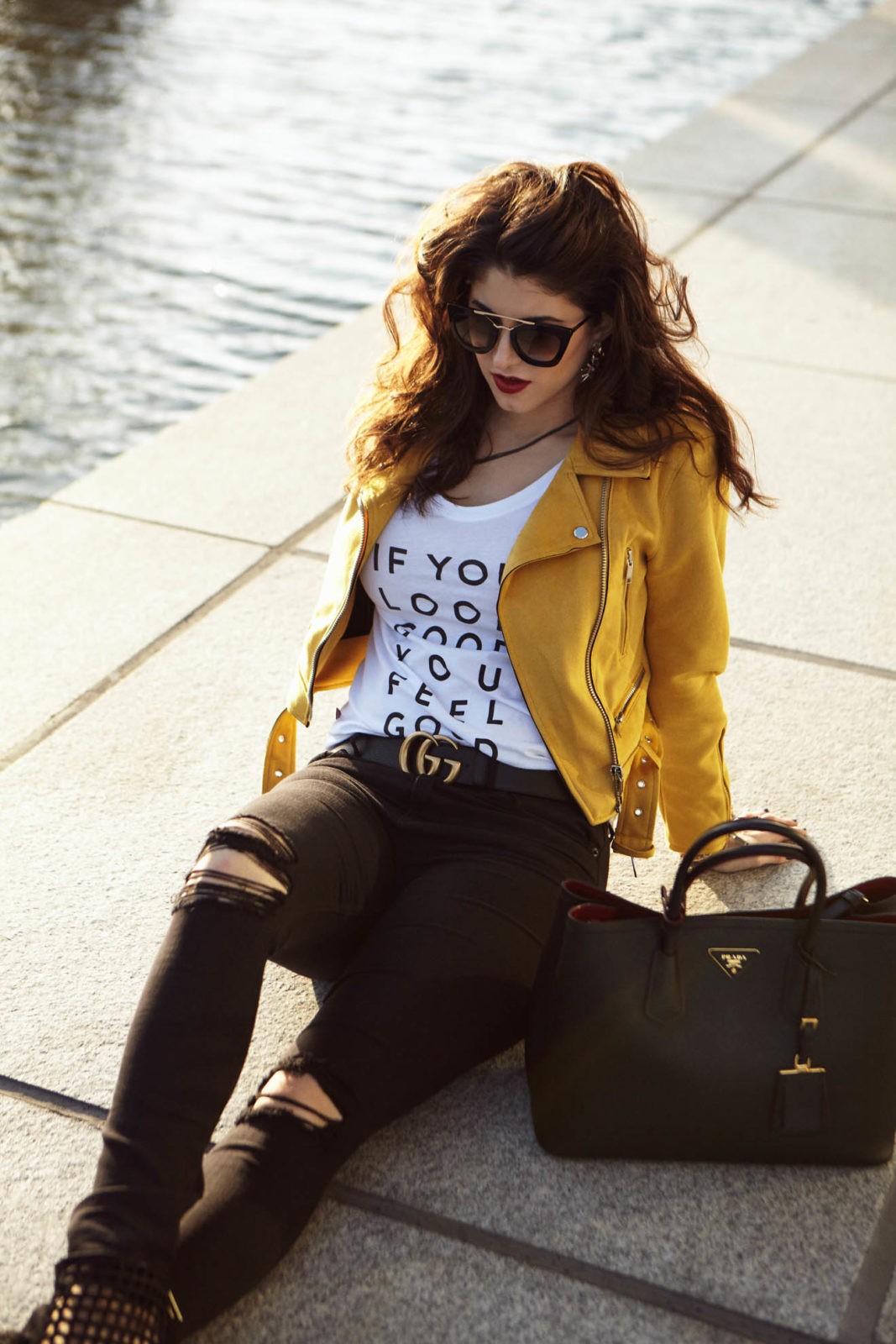 Laura Lily Fashion Travel and Lifestyle Blog, Zara Faux Suede Biker Jacket yellow, Gucci Marmont Belt - Zara Faux Suede Biker Jacket styled by popular Los Angeles fashion blogger Laura Lily