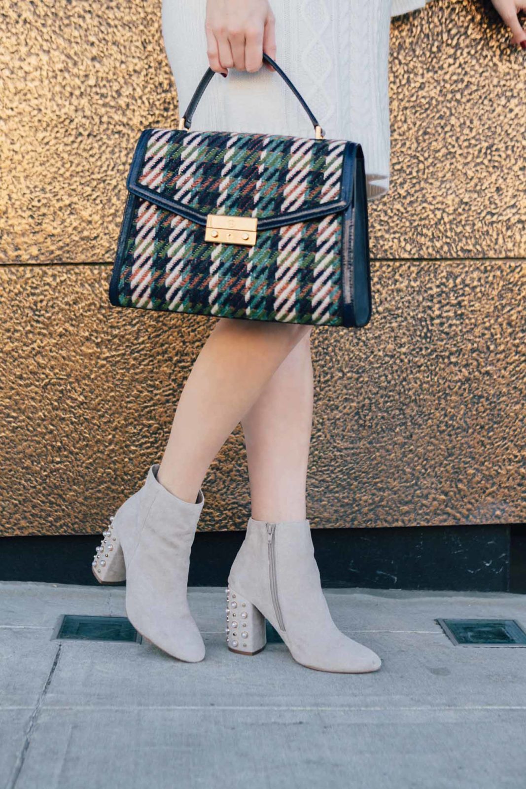 Laura Lily - Fashion Travel and Lifestyle Blog, Embellished Booties, Tory Burch dogtooth handbag, Nordstrom Sweater dress 1