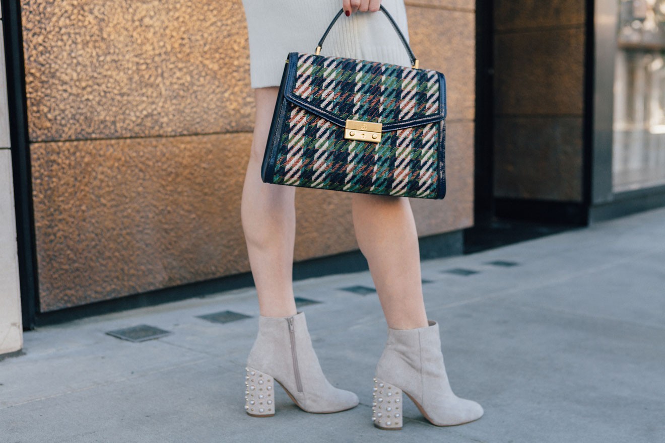 Laura Lily - Fashion Travel and Lifestyle Blog, Embellished Booties, Tory Burch dogtooth handbag, Nordstrom Sweater dress 1