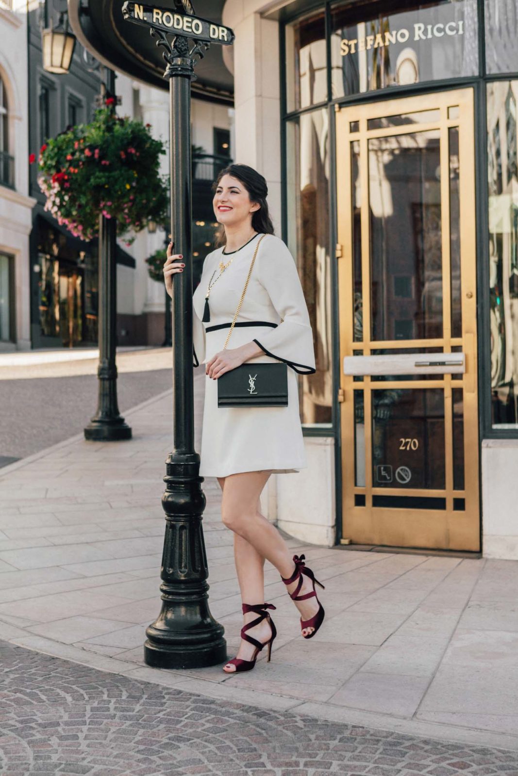 Nordstrom Holiday Shoes | Velvet heels | White Eliza J | Bell Sleeve Dress | 12 Days of Holiday Style: Red Velvet Heels featured by top Los Angeles fashion blog Laura Lily