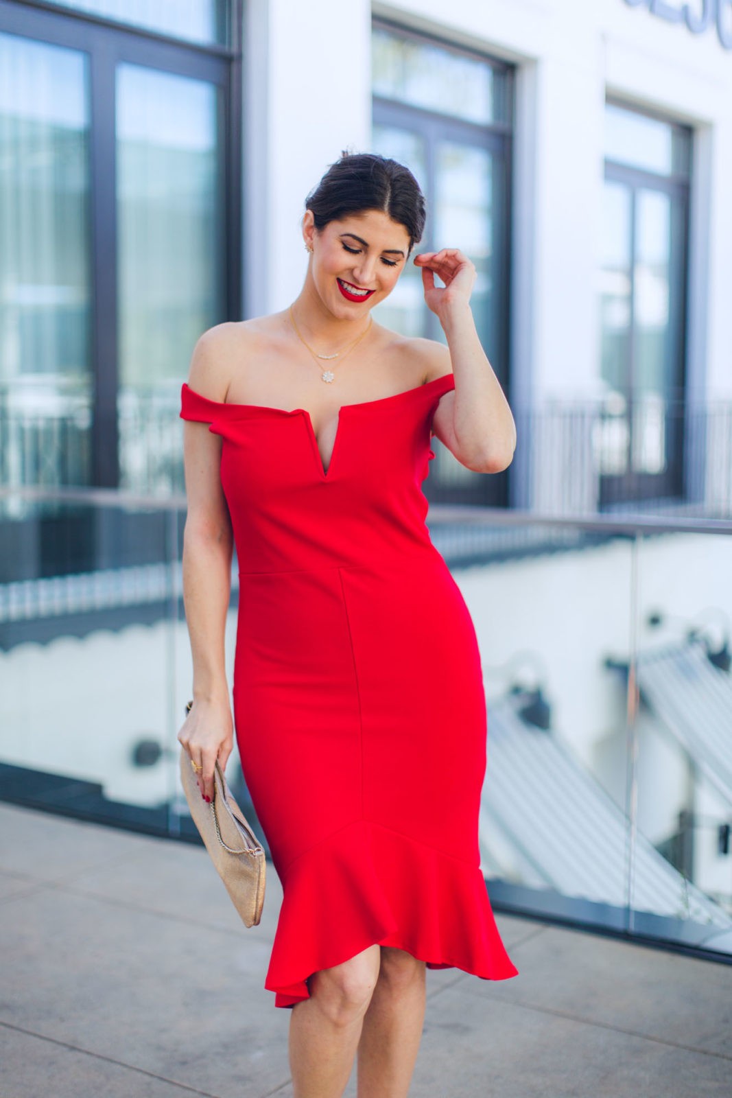 Laura Lily Fashion Travel and Lifestyle Blog, last minute Holiday outfit ideas, Nordstrom Buy Online Pick Up In Store, Missguided Red off the shoulder Dress, Gorjana Jewelry,Last minute gift ideas,