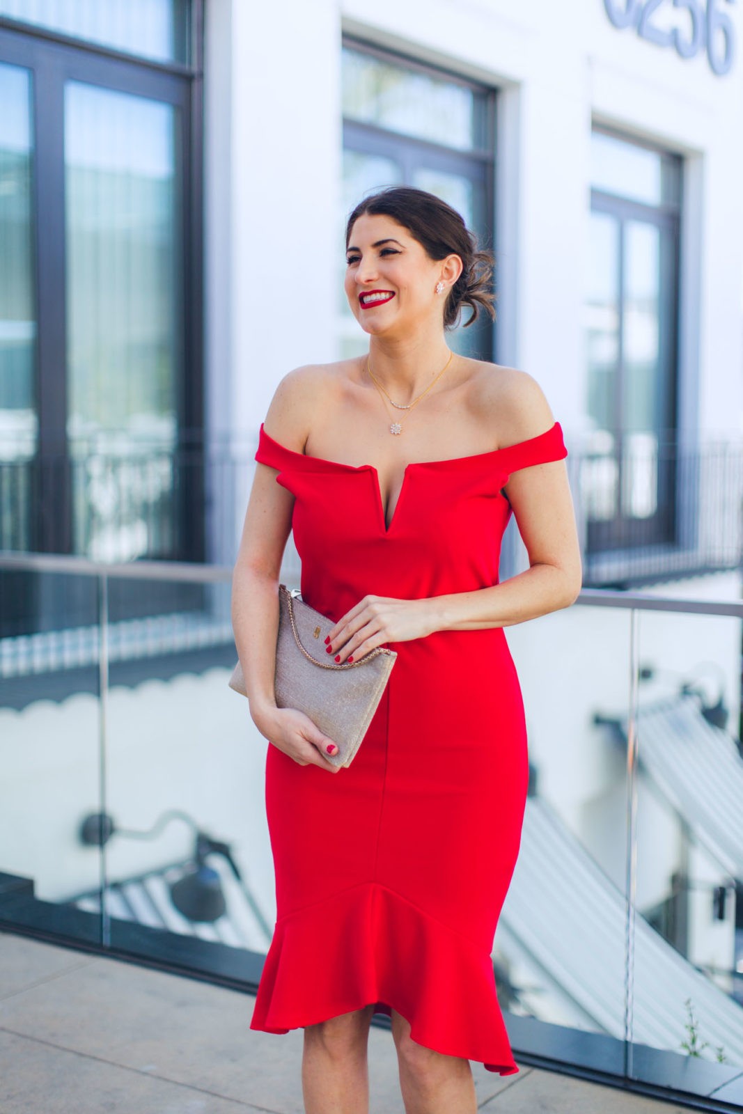 Laura Lily Fashion Travel and Lifestyle Blog, last minute Holiday outfit ideas, Nordstrom Buy Online Pick Up In Store, Missguided Red off the shoulder Dress, Gorjana Jewelry,Last minute gift ideas,