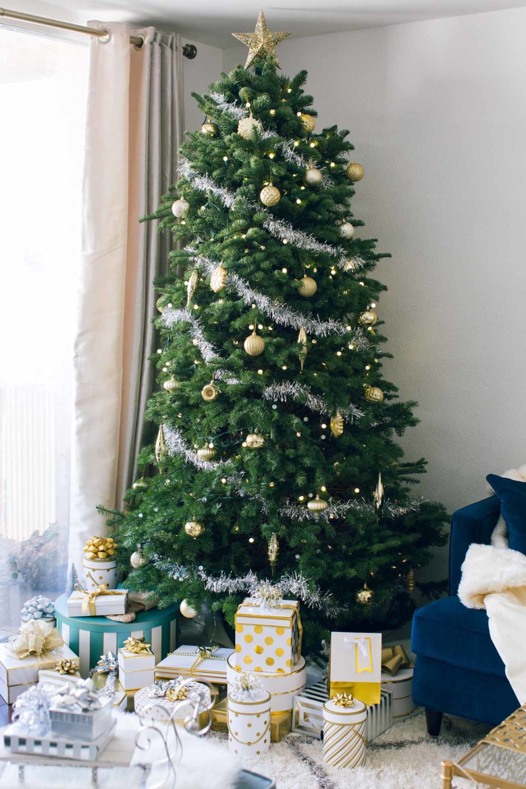 10 EASY HOLIDAY HOME DECOR IDEAS for christmas by Home Decor Blogger Laura Lily, silver and gold Christmas Tree decor,