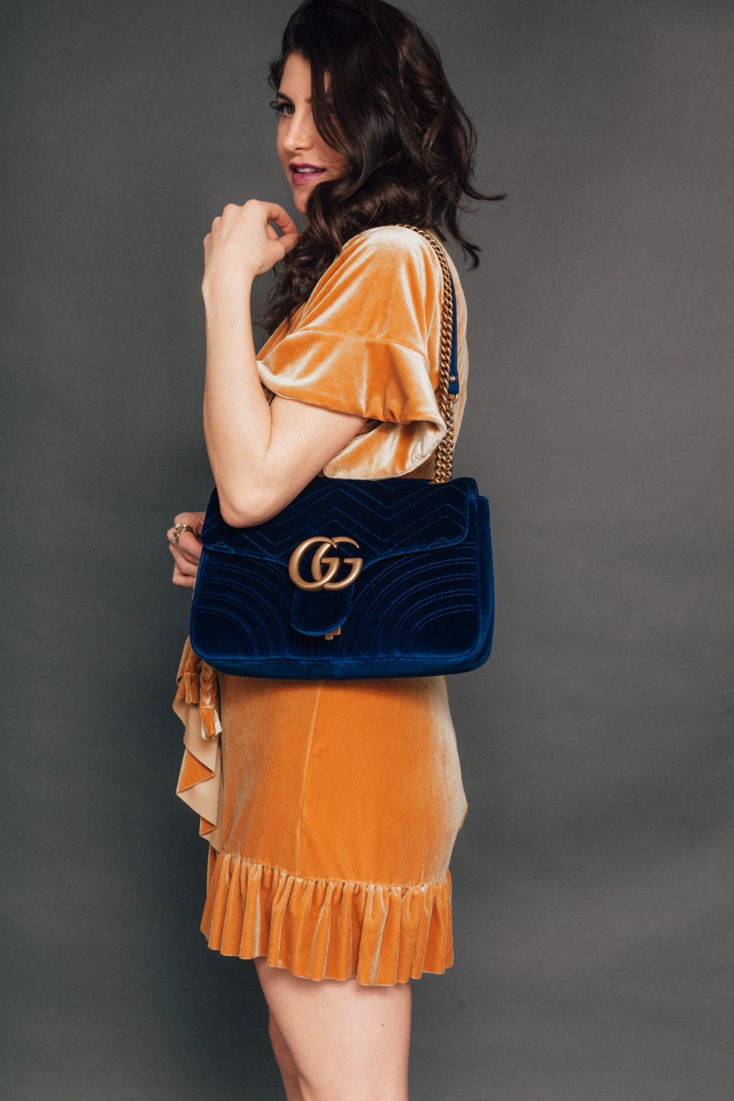 Velvet Outfits by Los Angeles Fashion Blogger Laura Lily, Gucci blue velvet Marmont bag, Velvet Misa dress,