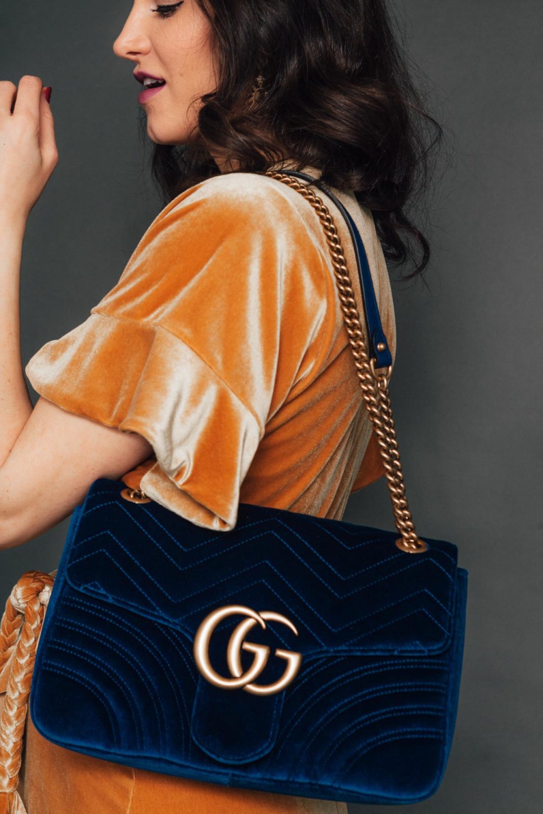 Velvet Outfits by Los Angeles Fashion Blogger Laura Lily, Gucci blue velvet Marmont bag, 