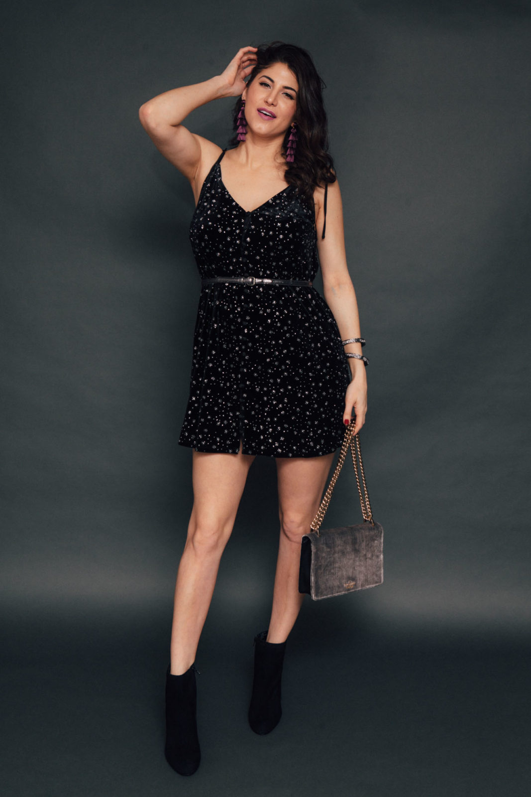 Velvet Outfit Ideas by Los Angeles Fashion Blogger Laura Lily, TopShop Velvet Dress, Kate Spade Velvet Bag,