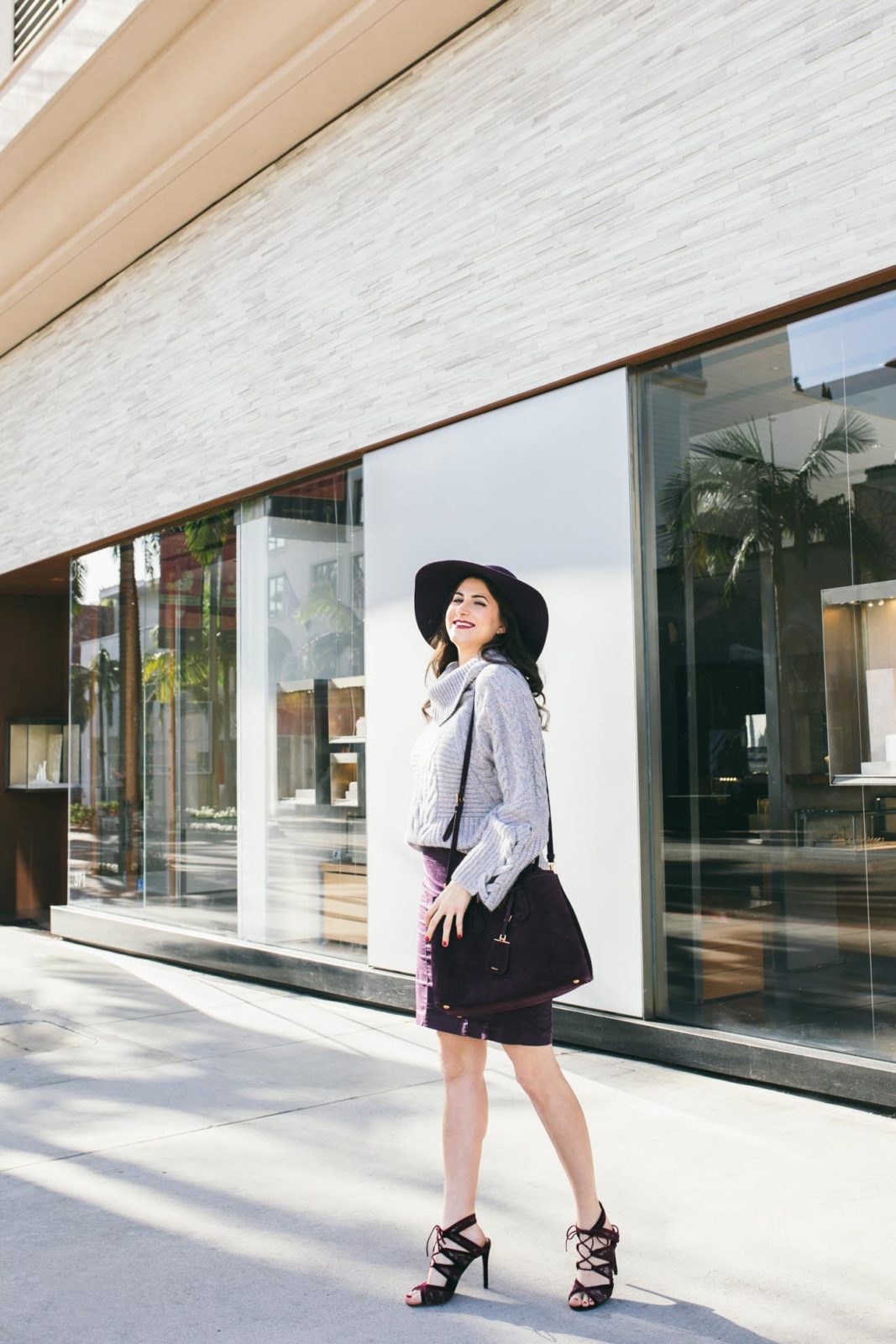 Bell Sleeve Sweaters by Los Angeles Fashion Blogger Laura Lily, Purple suede prada bag