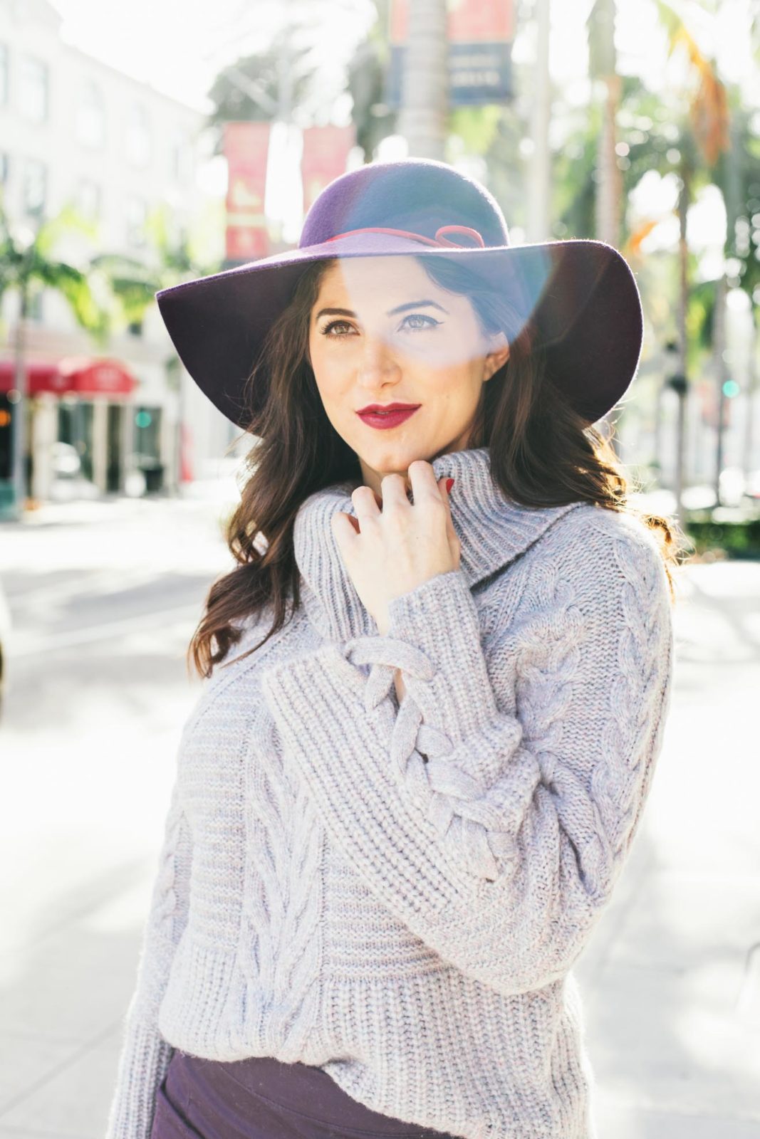 Bell Sleeve Sweaters by Los Angeles Fashion Blogger Laura Lily, Purple suede prada bag