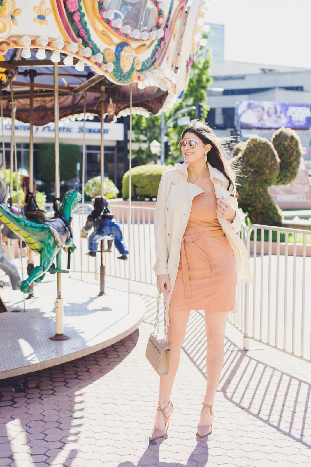 Spring Work Outfits featured by top US Fashion Blogger Laura Lily; AS BY DF DRESS, ANN TAYLOR JACKET, SAINT LAURENT BAG, ZENDAYA SHOES, ALDO SHOES SUNGLASSES, BAUBLE BAR NECKLACE AND SUGAR FIX BY BAUBLE BAR EARRINGS.