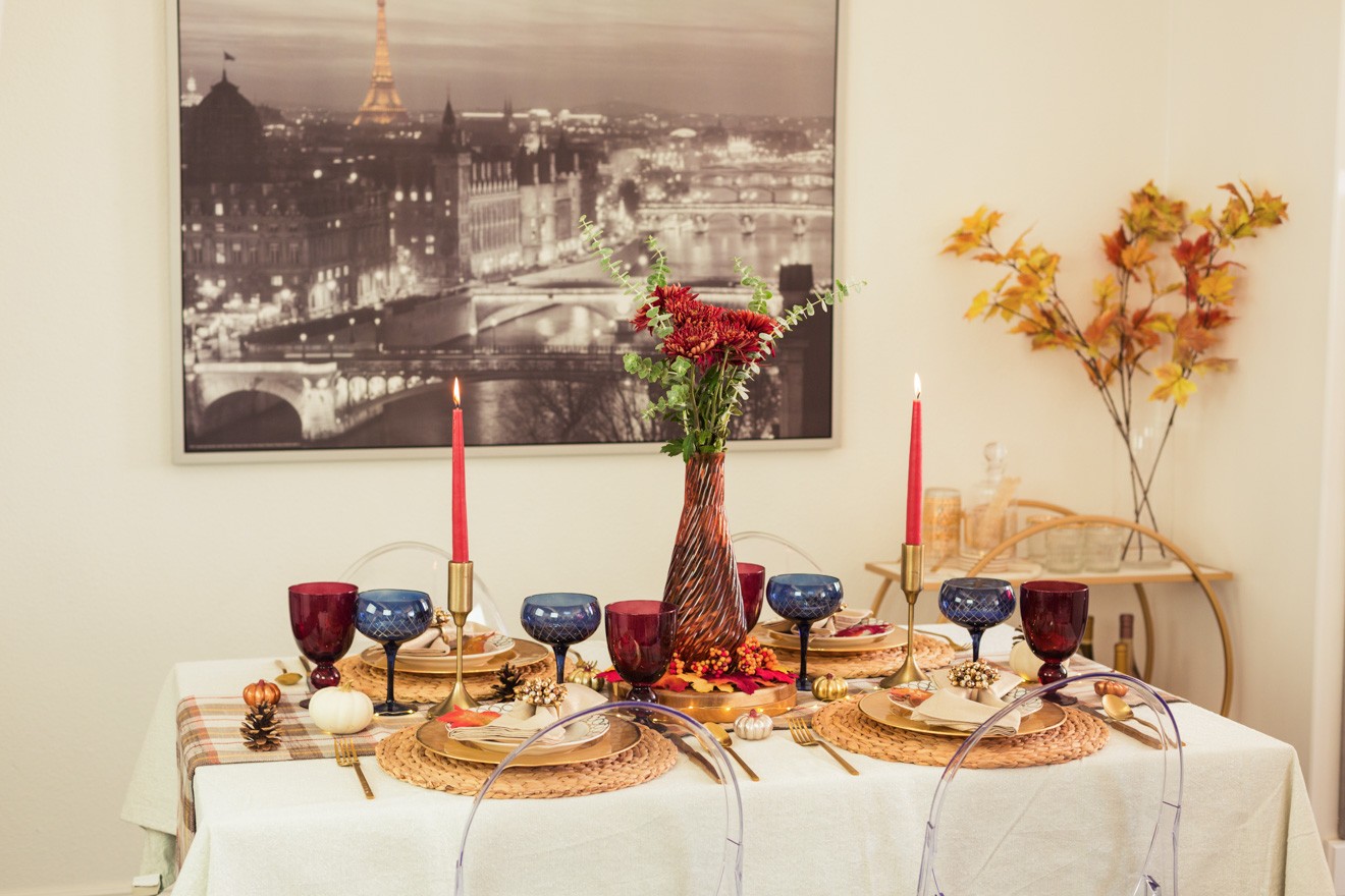 Easy Thanksgiving Table Setting Ideas by Popular Lifestyle Blogger Laura Lily, Thanksgiving Tablescape Ideas, Target Fall Home decor: Thanksgiving table setting with accents of orange, blue and red