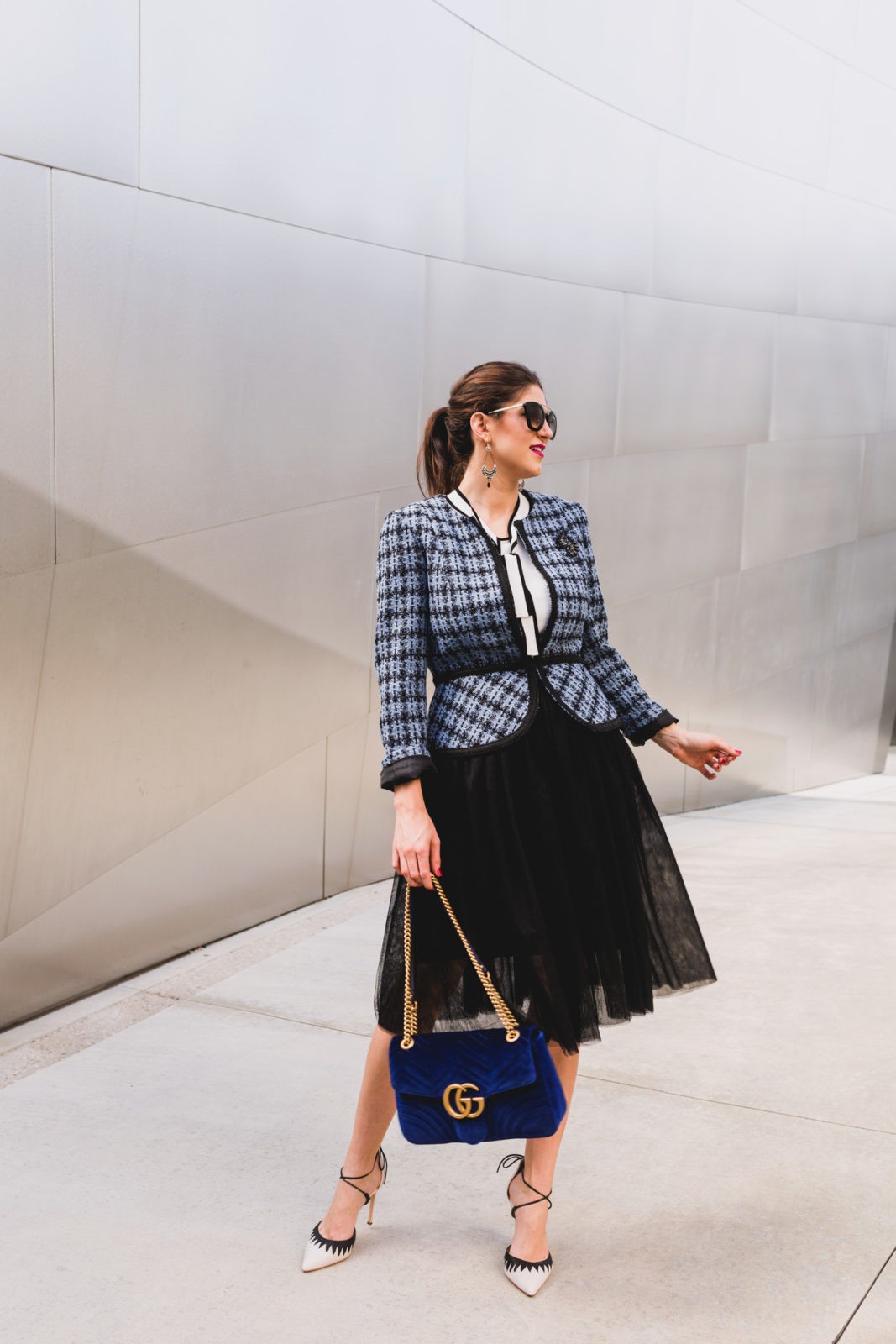 Dressing Nice Everyday featured by top US fashion blogger Laura Lily; Tahari ASL jacket, Gucci bag, Prada sunglasses, Icing earrings and PLV shoes