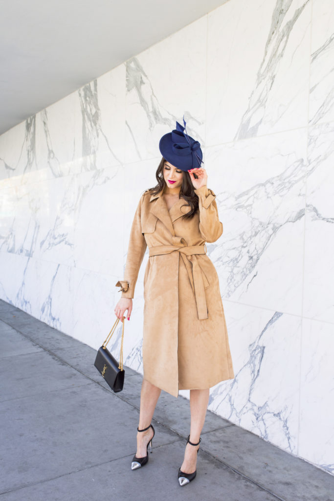 Give Me All The Fascinators by Fashion Blogger Laura Lily, The Marvelous Mrs. Maisel Style, Suede River Island Trench Coat,