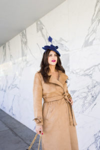 Give Me All The Fascinators by Fashion Blogger Laura Lily, The Marvelous Mrs. Maisel Style, Suede River Island Trench Coat,