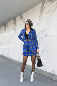 A Blue Plaid Suit + Back Seam Tights by Fashion Blogger Laura Lily,