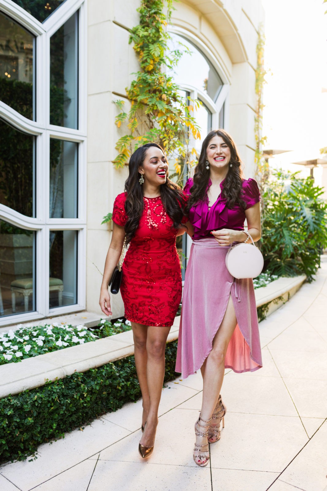 Valentine's Day Gifts for Yourself and Your Girlfriends featured by top LA life and style blogger, Laura Lily: image of a woman wearing an ASOS Pink Velvet Wrap Skirt at the Peninsula Beverly Hills Hotel.