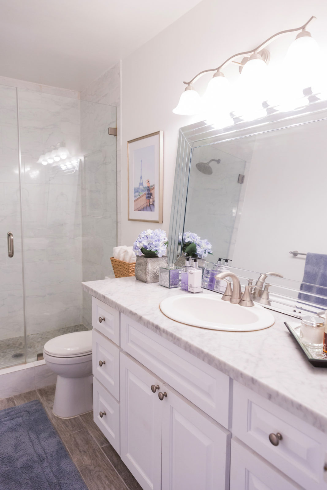 Modern Bathroom Remodel Ideas & Reveal by Home Decor Blogger Laura Lily, White and grey bathroom ideas, bathroom renovation reveal,