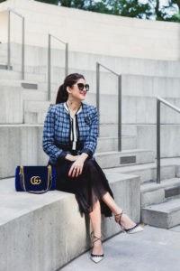 Must Have Fall Fashion Trends by Fashion Blogger Laura Lily, Blue Boucle Blazer, Blue velvet Gucci Marmont handbag,