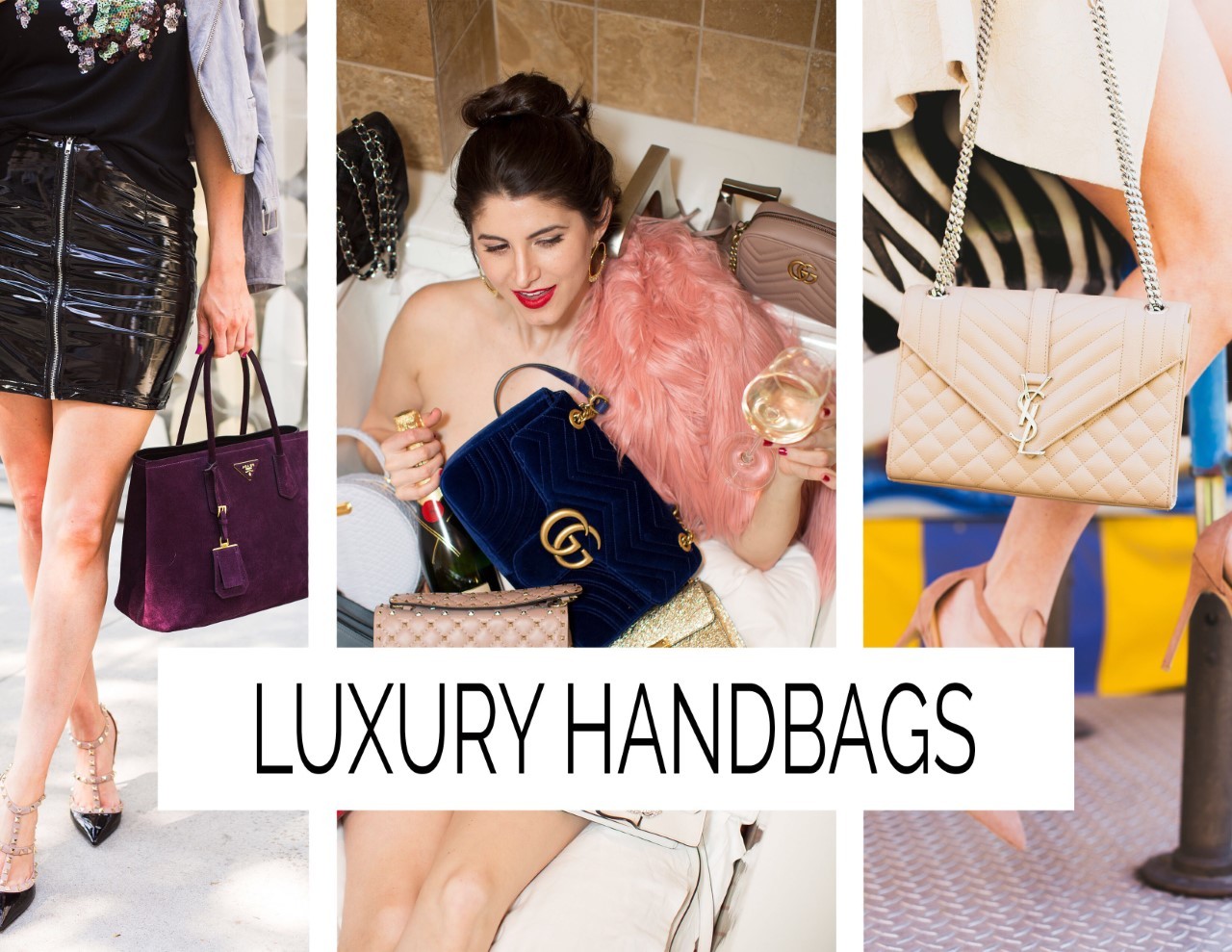 Luxury Handbags, How I buy them for less, Gucci velvet Marmont, Prada Suede Cuir Tote, Saint Laurent Tri Quilt Medium Kate handbag, Prada saffiano colorblock tote,