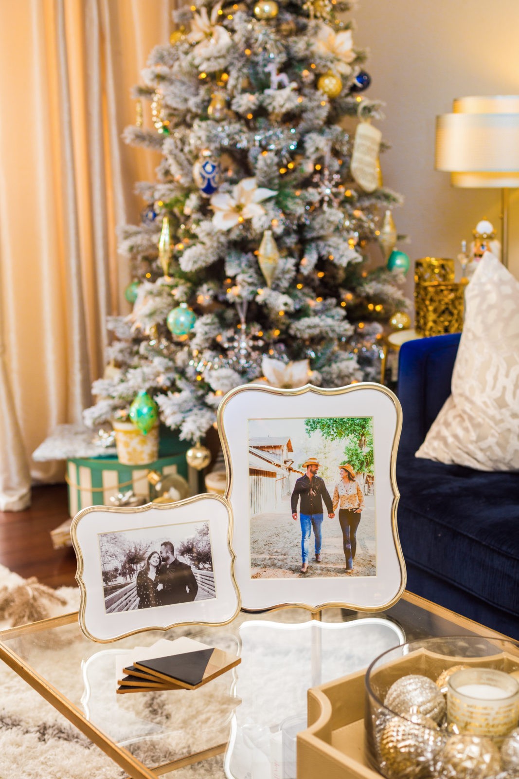 Holiday Home Decor by Home Decor Blogger Laura Lily, Christmas Decorating Ideas | Holiday Home Decor 2019 by popular Los Angeles life and style blogger, Laura Lily: image of a coffee table with Bed Bath and Beyond frames and coasters on it. 