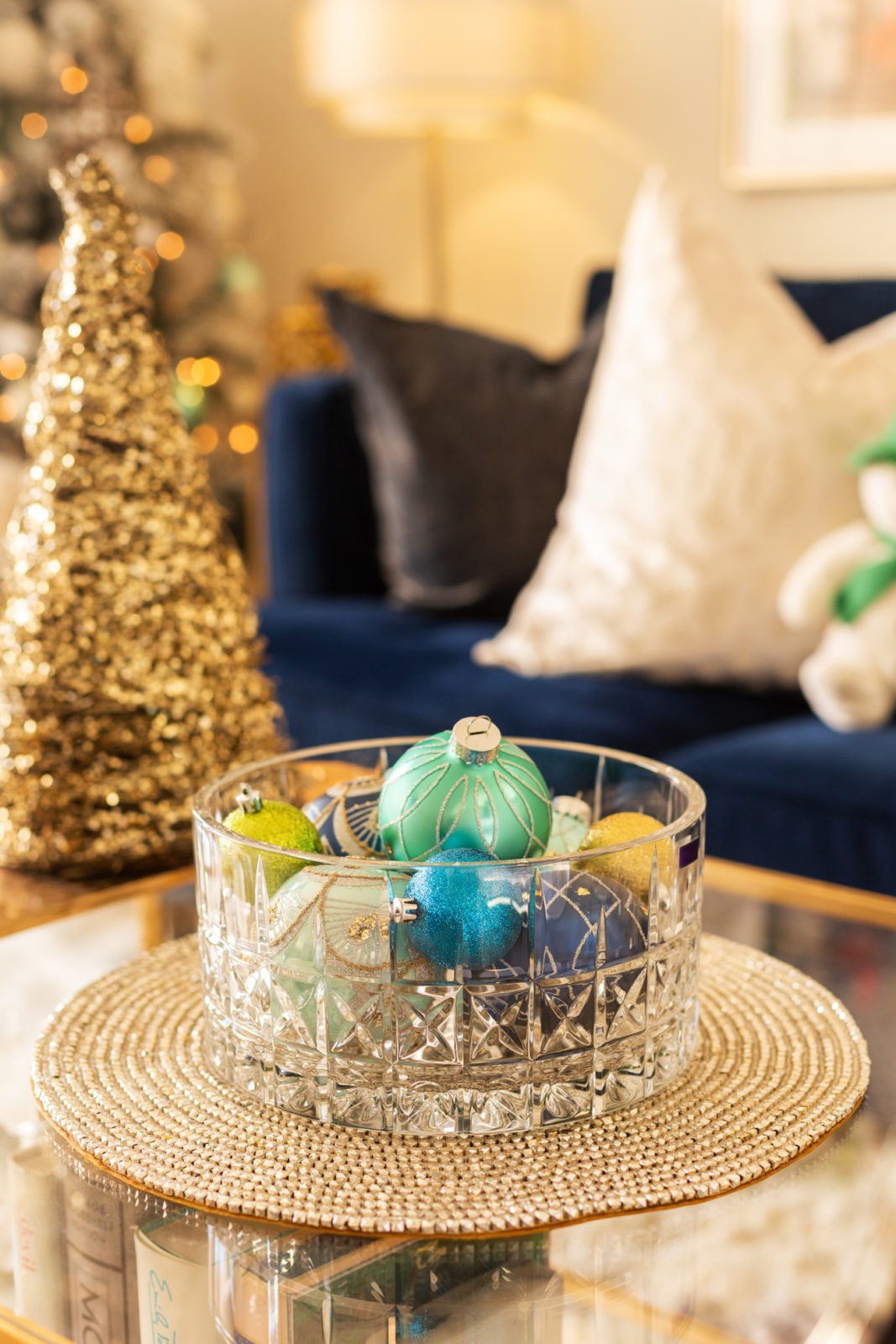 Holiday Home Decor 2019 by popular Los Angeles life and style blogger, Laura Lily: image of a Bed Bath and Beyond Marquis® by Waterford Brady 9-Inch Bowl with blue and green ornaments in it. 