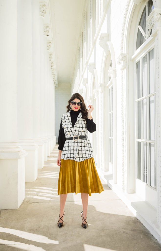 One Velvet Pleated Skirt, Two Ways featured by top Los Angeles Fashion Blogger Laura Lily, Velvet SheIn Pleated Skirt, image of woman wearing gold velvet pleated skirt,